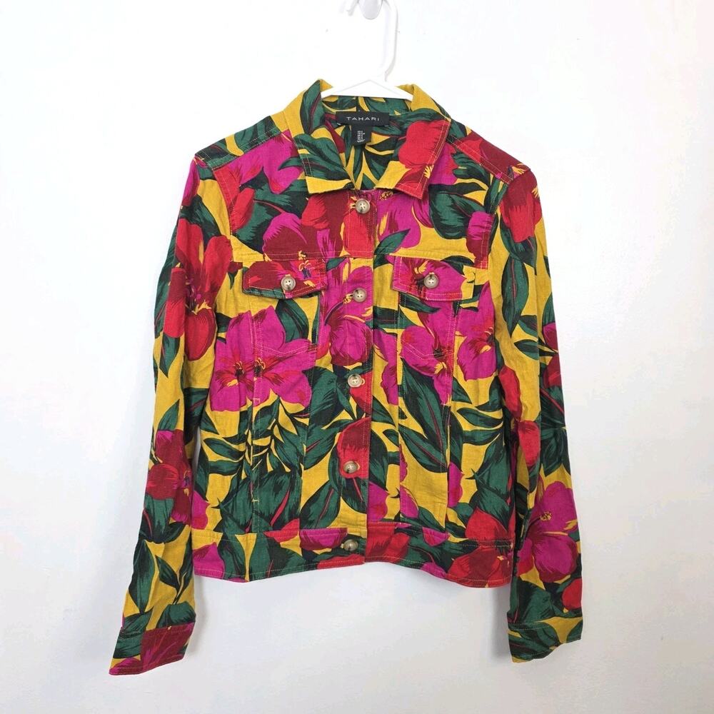 Tahari Colorful Floral Tropical Summery Linen Blend Button Up Size Small